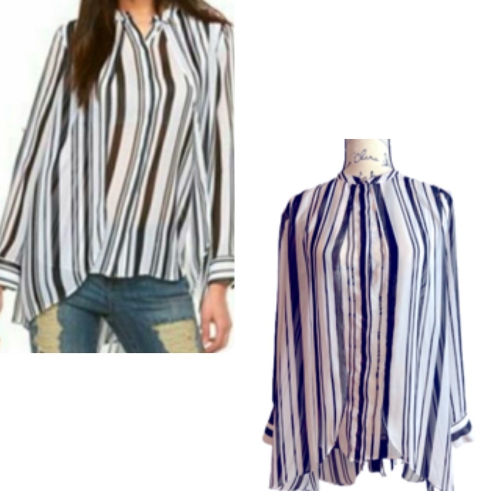 Jennifer Lopez Black & White Blouse Top Tunic Stripes high low collarless small‎